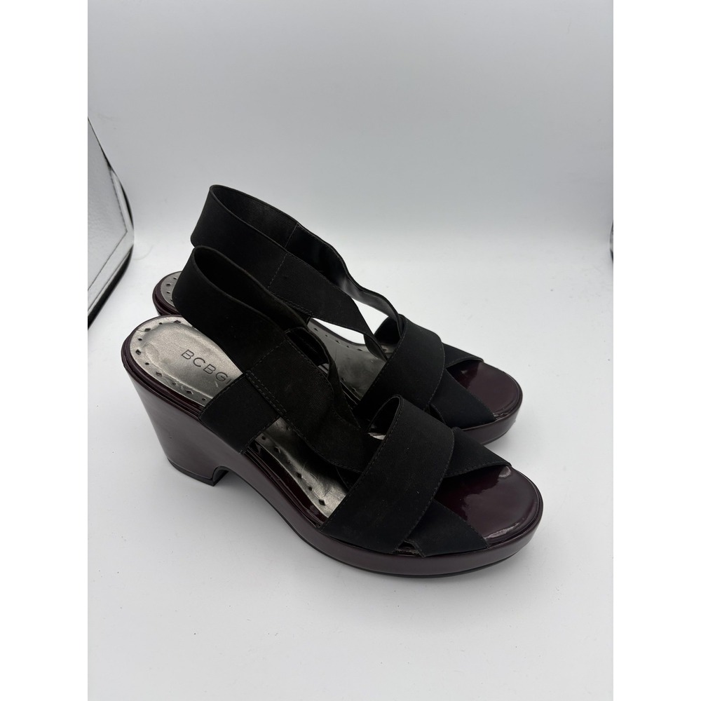 BCBGirls Shoes Womens Size 7 Black Stretch Strappy Wedge Heel Sandals Slip On